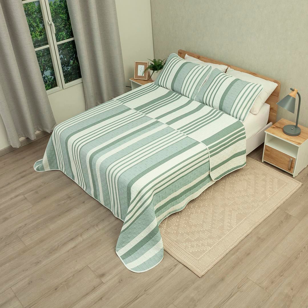 Cubrelecho Doble Faz Trama Verde y Blanco para Cama Doble 140 X 190 Cm Prensado de Lineas - TENDIDOS Y CUBRELECHOS | Bylmo