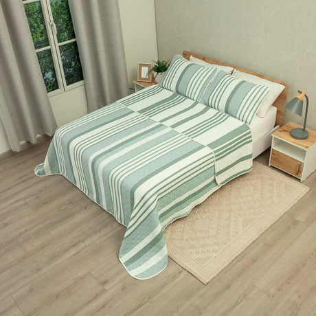 Cubrelecho Doble Faz Trama Verde y Blanco para Cama Doble 140 X 190 Cm Prensado de Lineas - TENDIDOS Y CUBRELECHOS | Bylmo