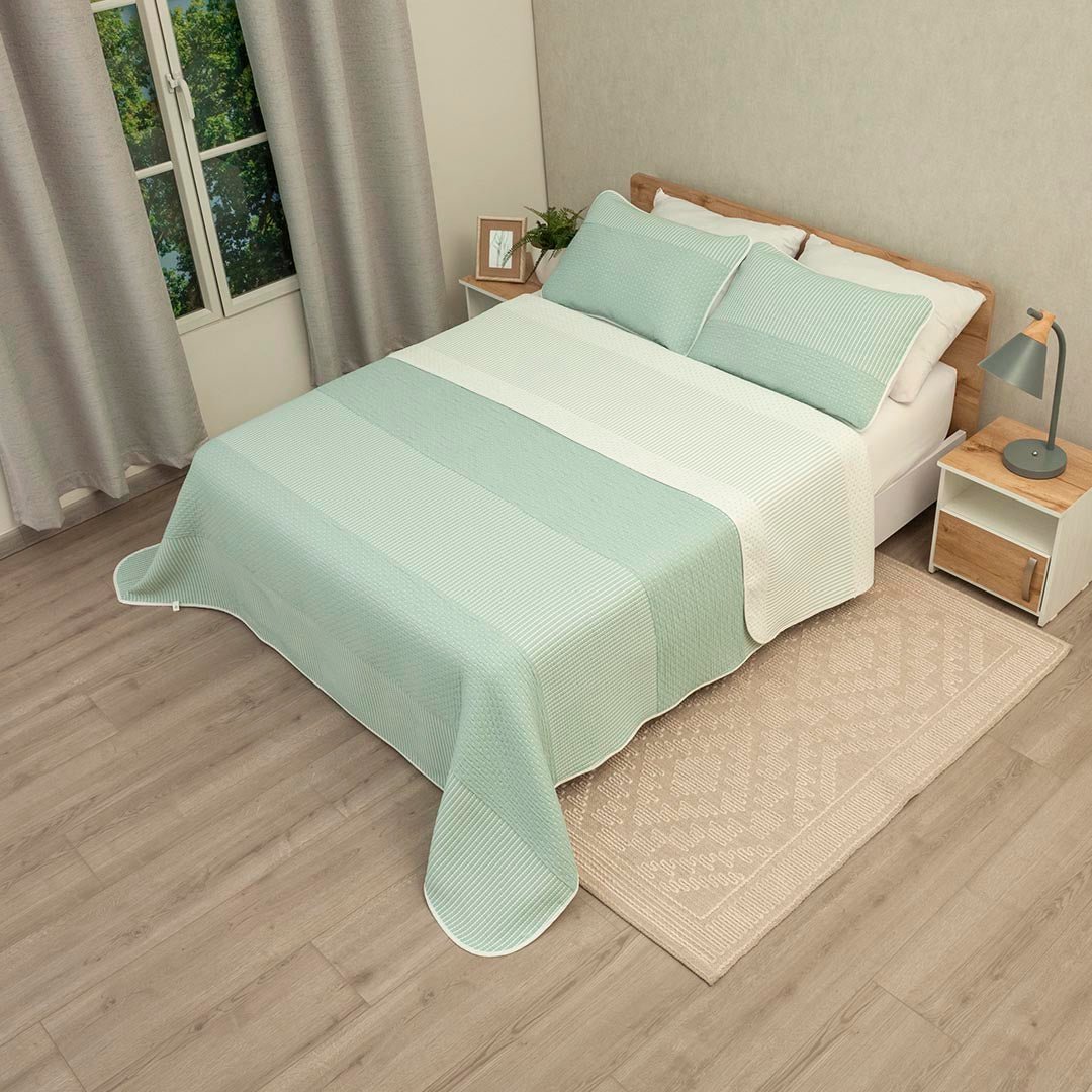 Cubrelecho Doble Faz Trama Verde Arena y Blanco para Cama Doble 140 X 190 Cm Prensado Fondo Entero - TENDIDOS Y CUBRELECHOS | Bylmo