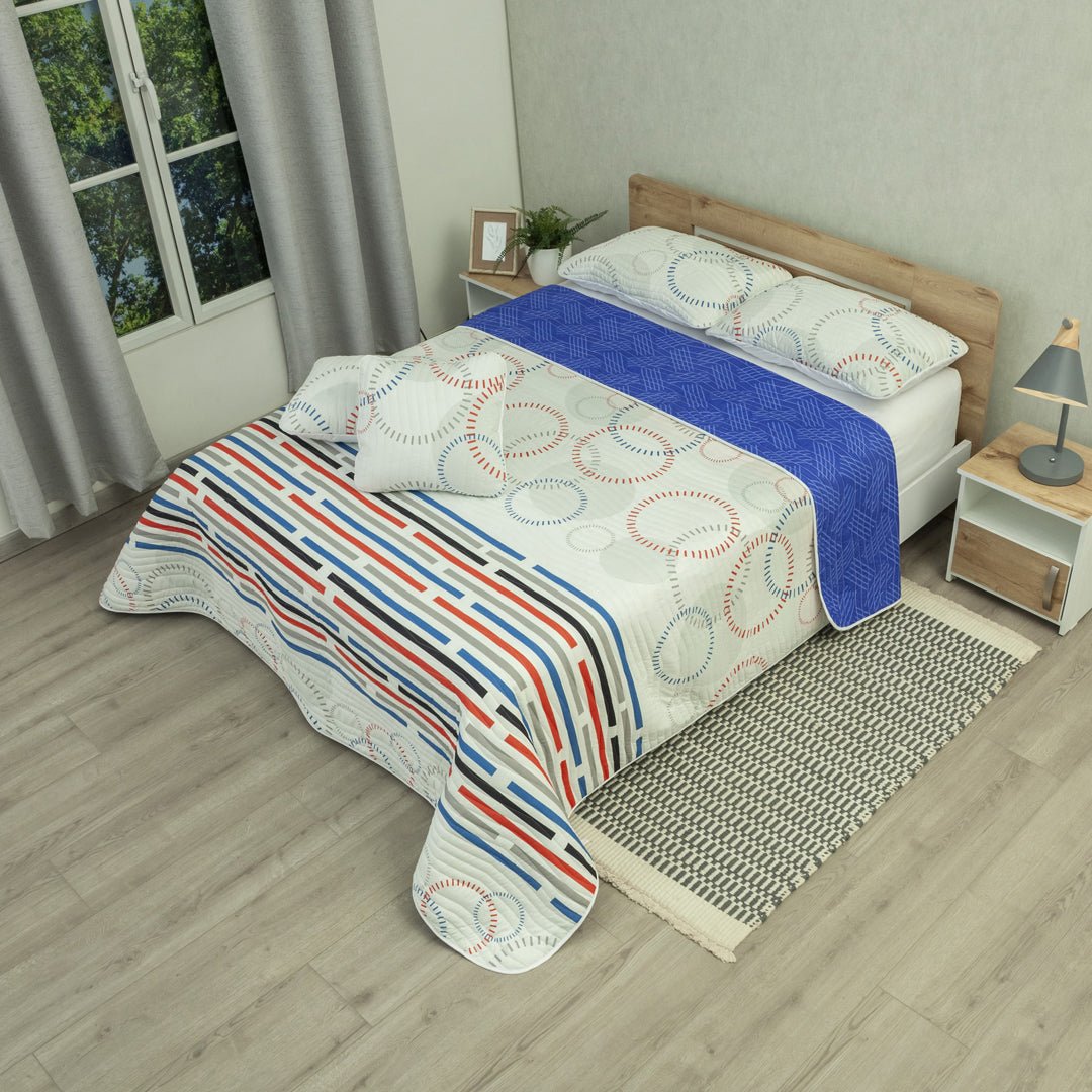 Cubrelecho City Code Blanco y Azul para Cama Doble 140 X 190 Cm Prensado de Lineas Y Circulos - TENDIDOS Y CUBRELECHOS | Bylmo