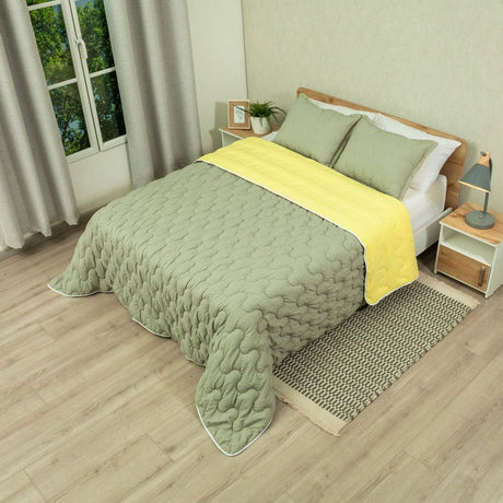 Cubrelecho Flora Café Grisáceo y Amarillo para Cama Doble 140 X 190 Cm Fondo Entero - TENDIDOS Y CUBRELECHOS | Bylmo