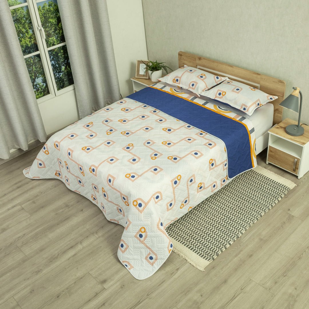 Cubrelecho Doble Faz Style Órbita Blanco y Azul Oscuro para Cama Doble 140 X 190 Cm de Lineas Y Puntos - TENDIDOS Y CUBRELECHOS | Bylmo