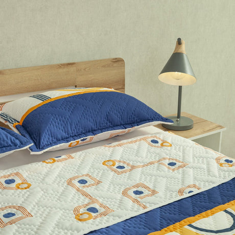 Cubrelecho Doble Faz Style Órbita Blanco y Azul Oscuro para Cama Queen 160 X 190 Cm de Lineas Y Puntos - TENDIDOS Y CUBRELECHOS | Bylmo