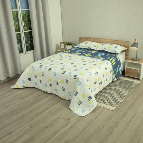 Cubrelecho Doble Faz Style Ritmo Metropolitano Blanco y Azul Oscuro para Cama Queen 160 X 190 Cm de Hojas - TENDIDOS Y CUBRELECHOS | Bylmo