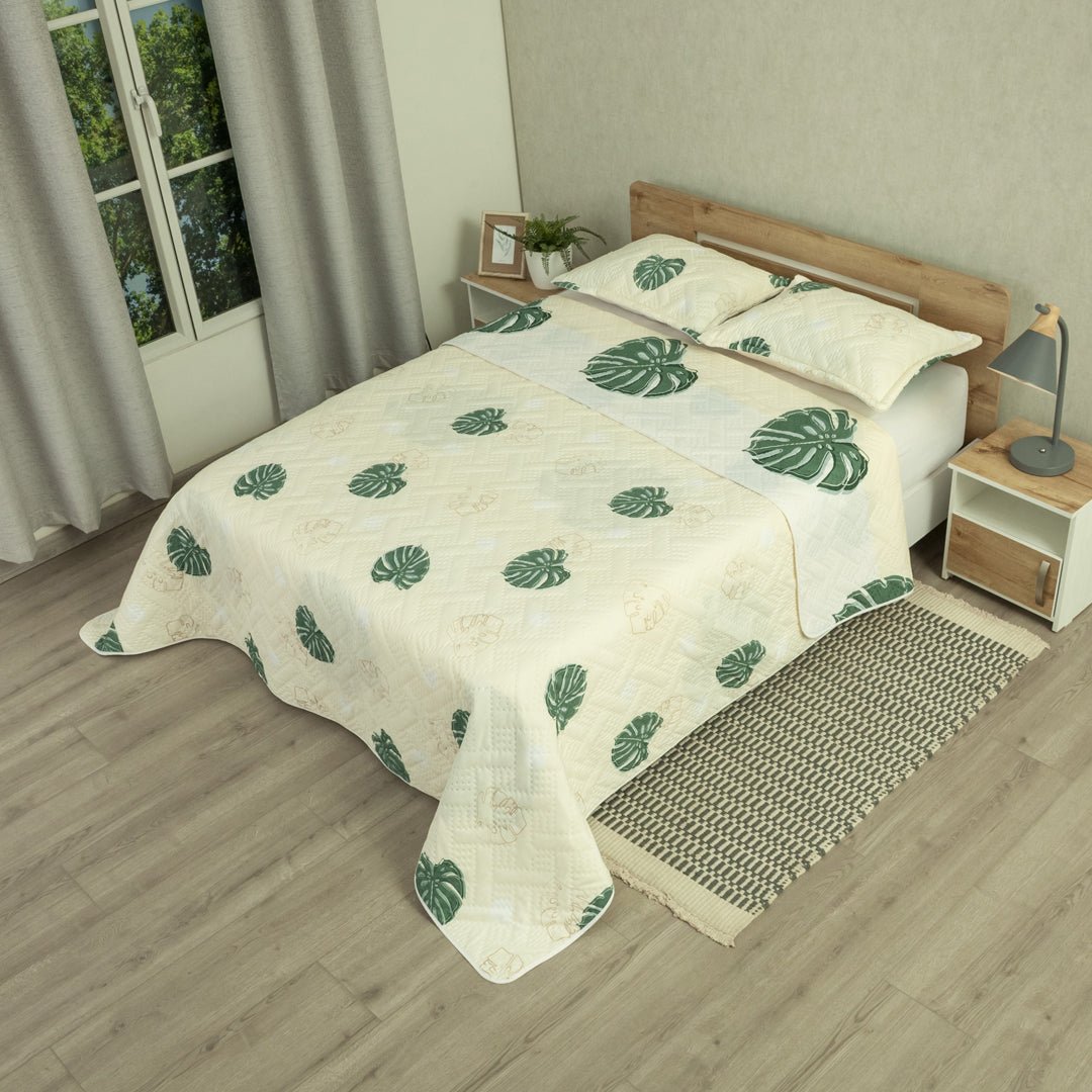 Cubrelecho Doble Faz Style Eco Hojas Blanco y Verde para Cama King 200 X 200 Cm de Hojas - TENDIDOS Y CUBRELECHOS | Bylmo