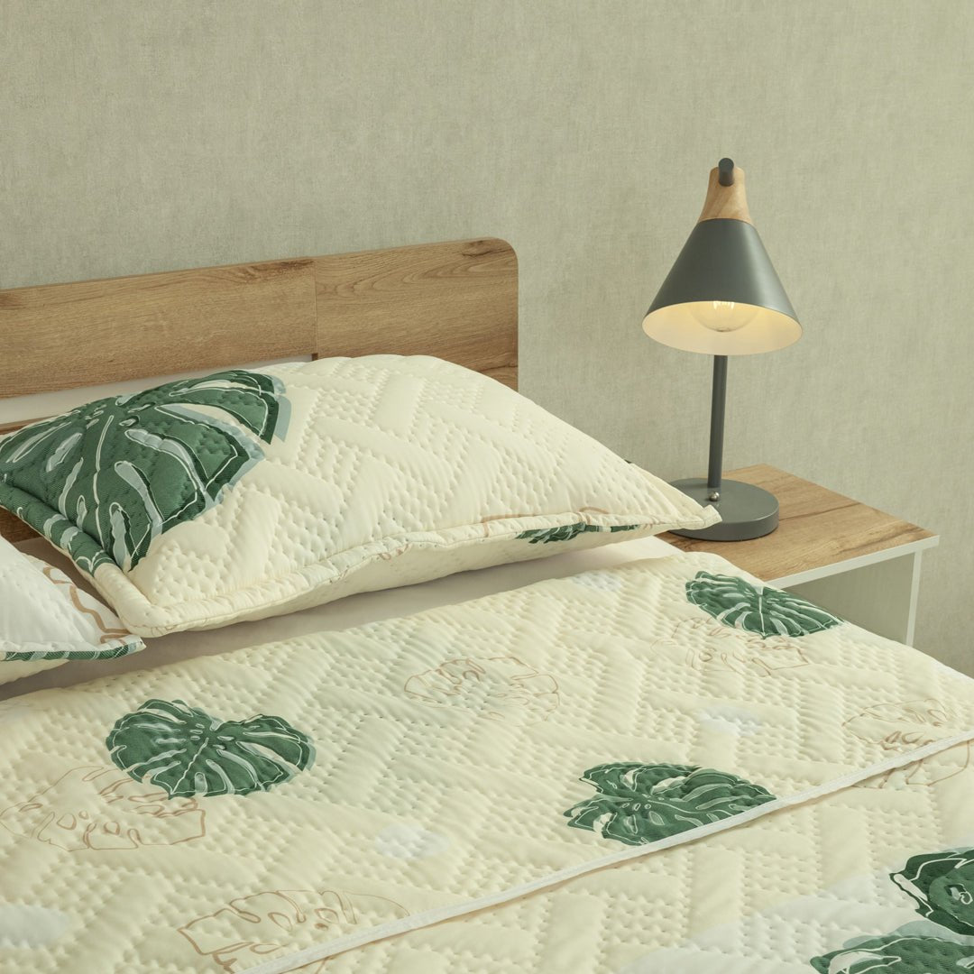 Cubrelecho Doble Faz Style Eco Hojas Blanco y Verde para Cama Semidoble 120 X 190 Cm de Hojas - TENDIDOS Y CUBRELECHOS | Bylmo