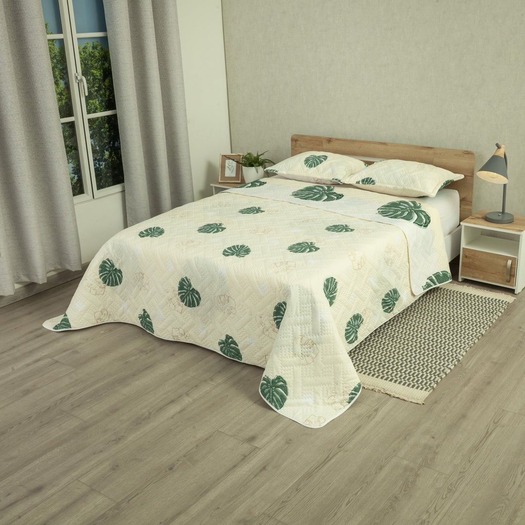 Cubrelecho Doble Faz Style Eco Hojas Blanco y Verde para Cama Semidoble 120 X 190 Cm de Hojas - TENDIDOS Y CUBRELECHOS | Bylmo