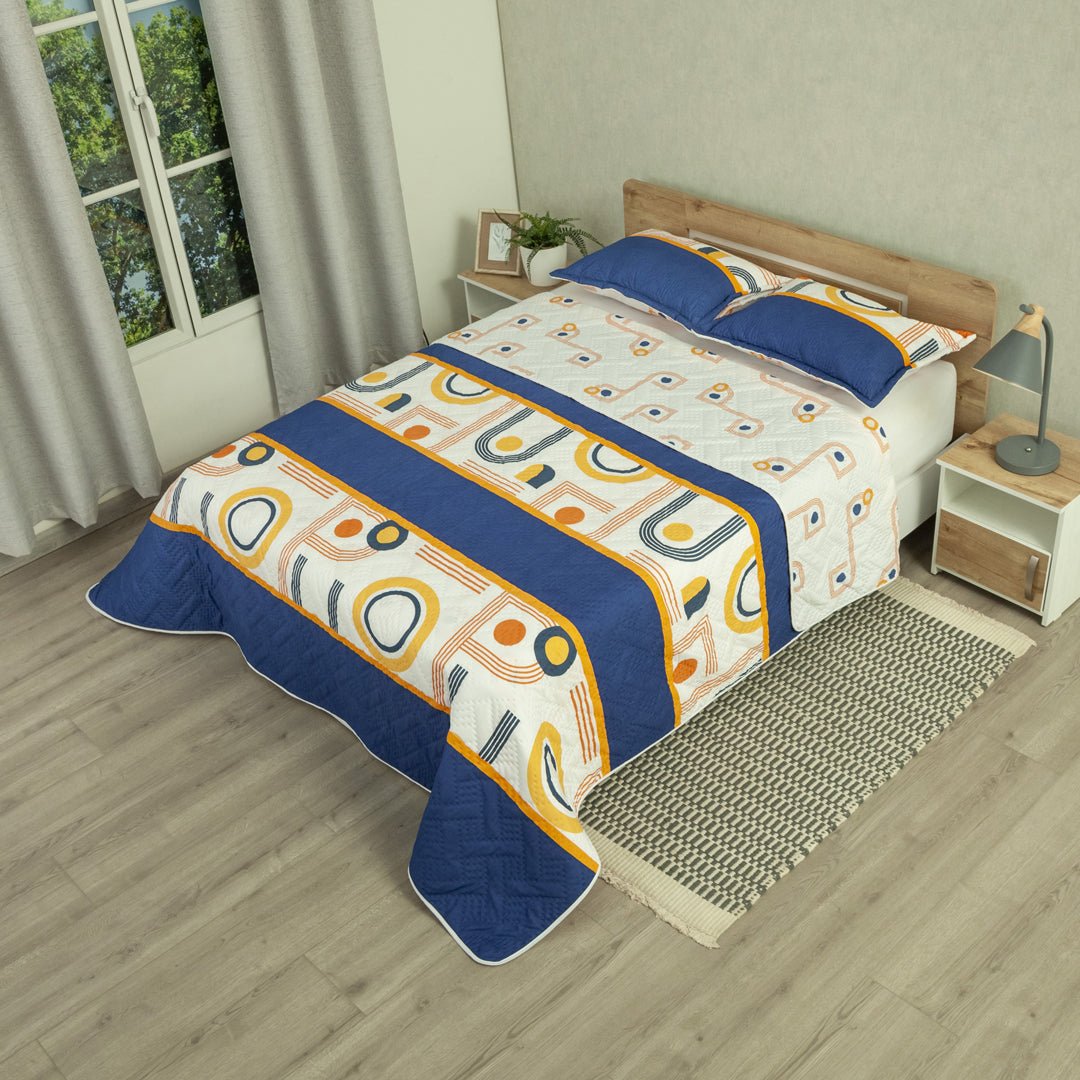 Cubrelecho Doble Faz Style Órbita Blanco y Azul Oscuro para Cama Semidoble 120 X 190 Cm de Lineas Y Puntos - TENDIDOS Y CUBRELECHOS | Bylmo