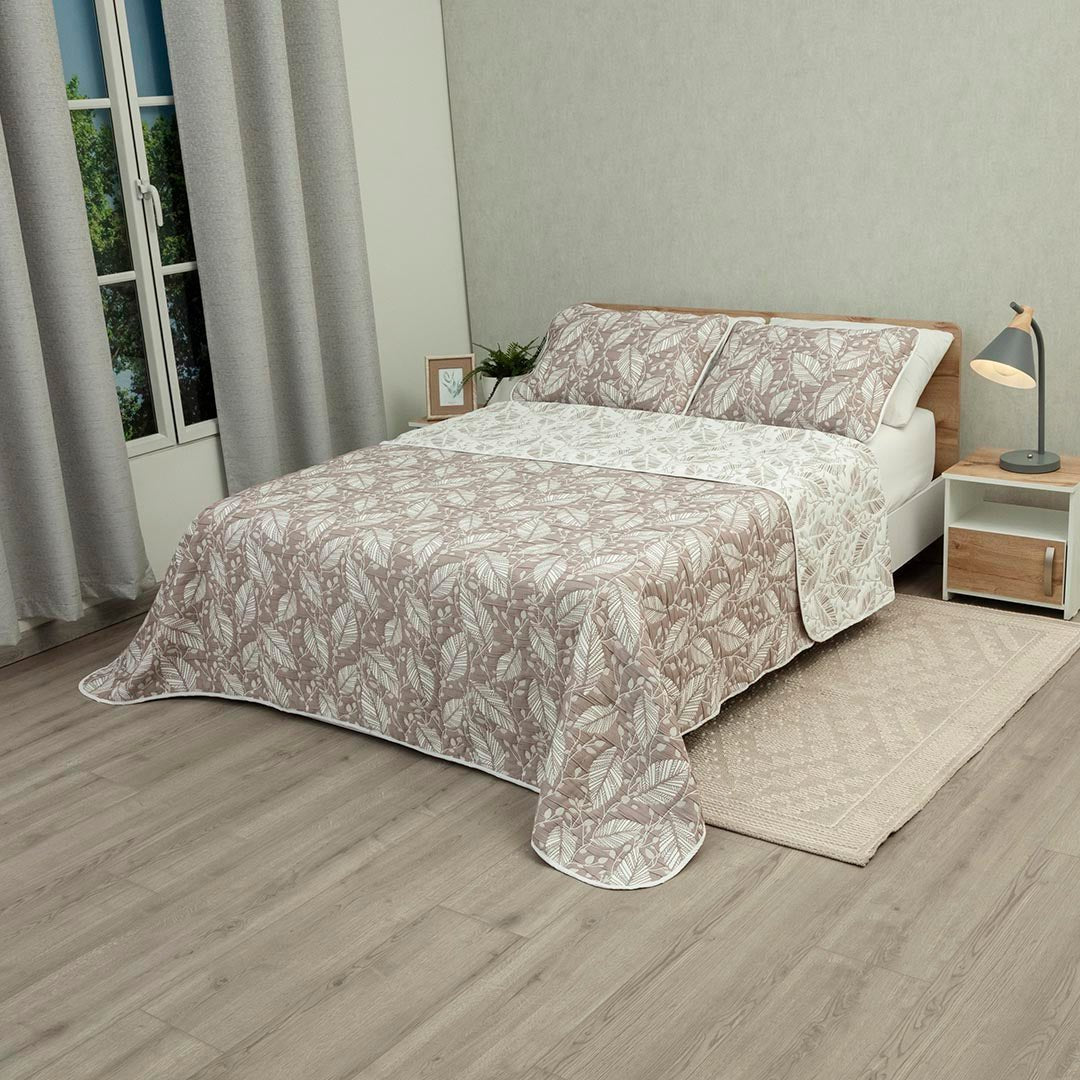 Cubrelecho Doble Faz Trama Café y Blanco para Cama Doble 140 X 190 Cm Prensado de Hojas - TENDIDOS Y CUBRELECHOS | Bylmo