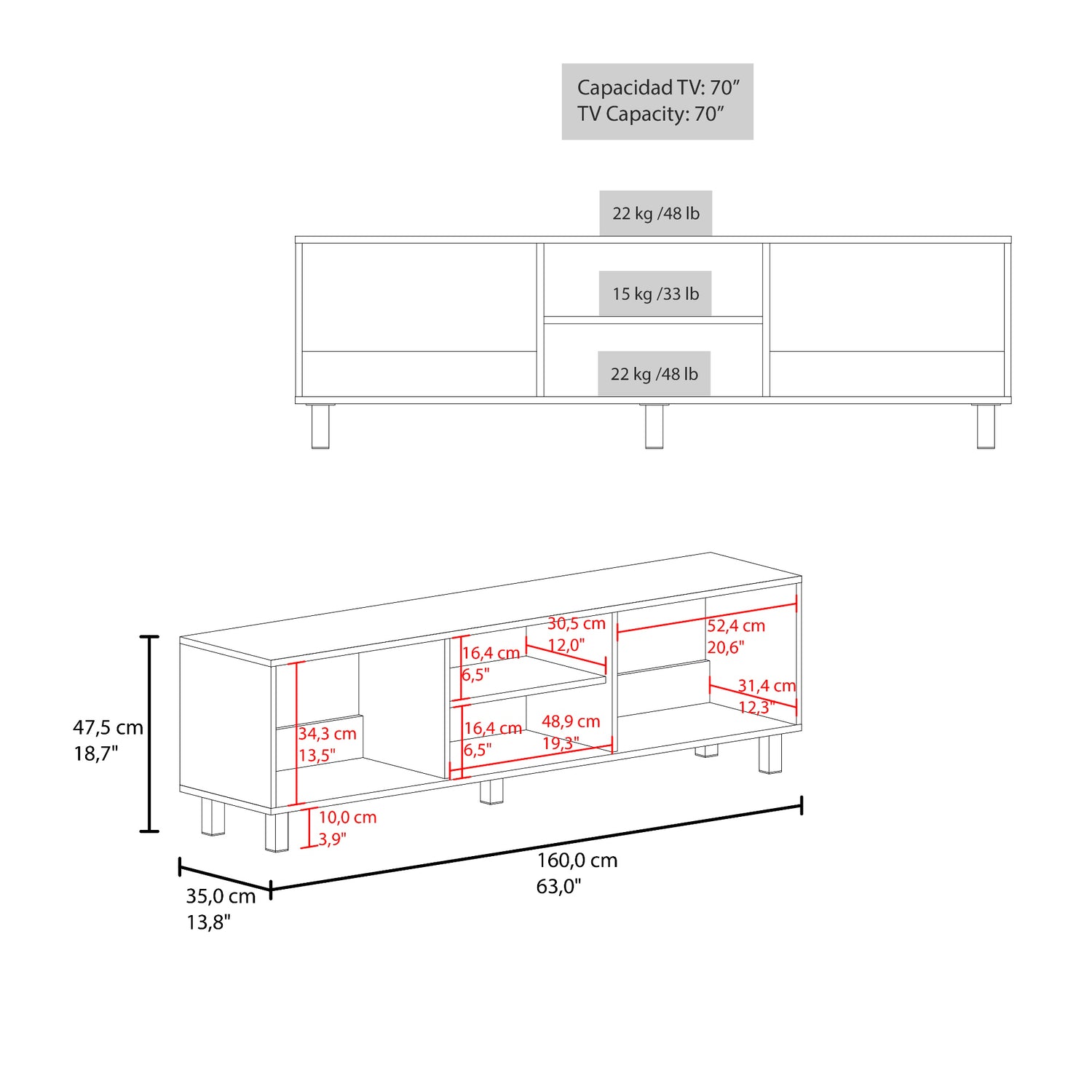 Rack de TV Tunez Cartagena 160x47.5cm para TV Hasta 70" Pulgadas con Tres Compartimientos - MUEBLES DE TV | Bylmo