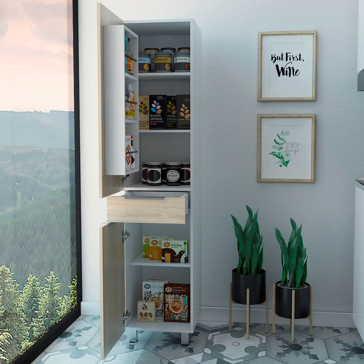 Alacena Melia Blanco y Rovere 40x180cm con Dos Puertas y con Un Cajón - ALACENAS Y MUEBLES MICROONDAS | Bylmo