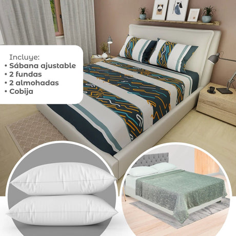 Combo Juego de Sabanas y Cortina Super Confort Blanco y Azul Oscuro para Cama Doble 140 X 190 Cm de Lineas - SABANAS | Bylmo