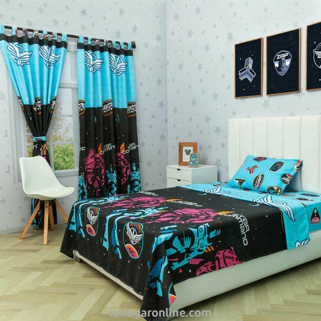 Combo Juego de Sabanas y Cortina Infantil Disney Negro y Azul para Cama Sencilla 100 X 190 Cm de Buzz Lightyear - SABANAS | Bylmo