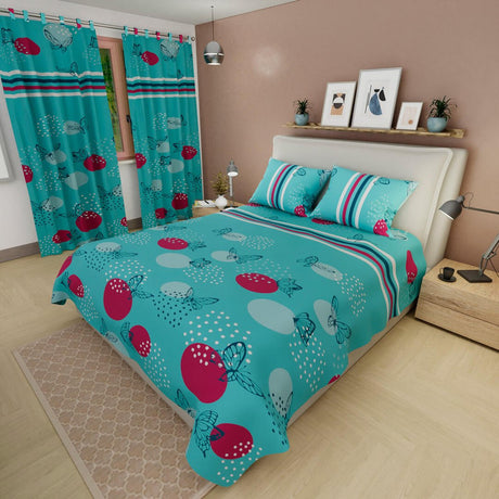 Combo Juego de Sabanas y Cortina Azul y Fucsia para Cama Queen 160 X 190 Cm de Mariposas - SABANAS | Bylmo