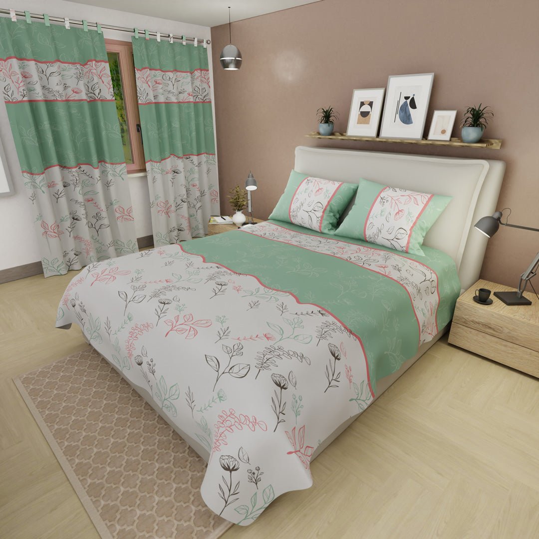 Combo Juego de Sabanas y Cortina Botánicos Verde y Blanco para Cama Doble 140 X 190 Cm de Hojas - SABANAS | Bylmo