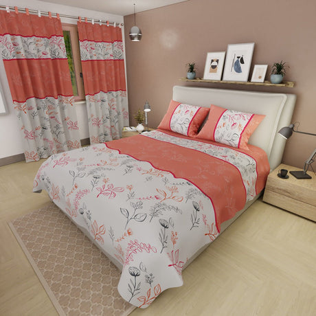 Combo Juego de Sabanas y Cortina Sueños Botánicos Naranja y Blanco para Cama Doble 140 X 190 Cm de Hojas - SABANAS | Bylmo