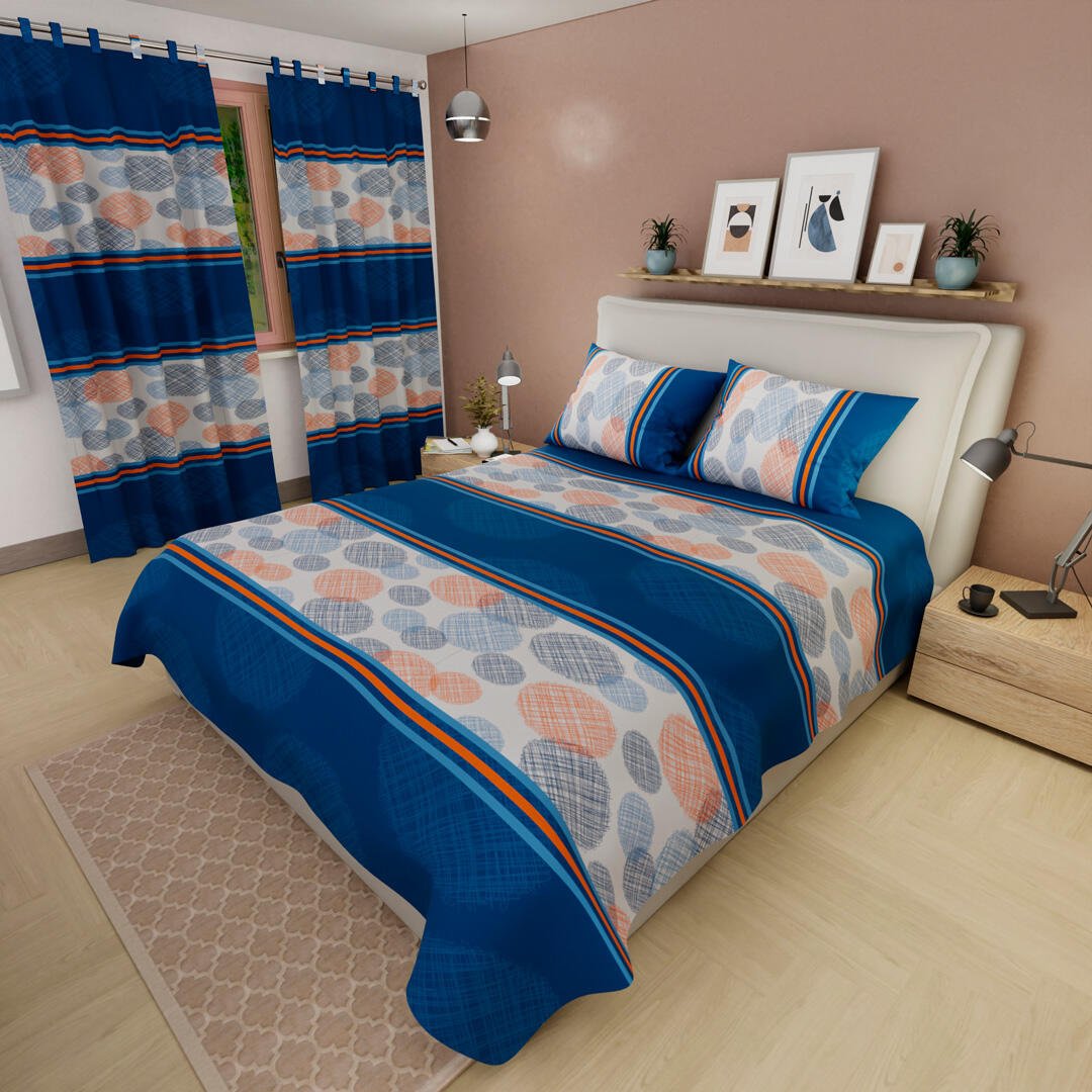 Combo Juego de Sabanas y Cortina Azul Oscuro y Azul para Cama Queen 160 X 190 Cm de Circulos Y Lineas - SABANAS | Bylmo