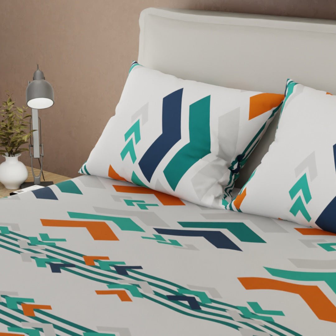 Combo Juego de Sabanas y Cortina Esencia Acua Blanco y Verde para Cama Doble 140 X 190 Cm de Flechas - SABANAS | Bylmo