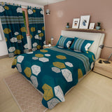 Combo Juego de Sabanas y Cortina Verde Azul para Cama Queen 160 X 190 Cm de Figuras Geometricas - SABANAS | Bylmo