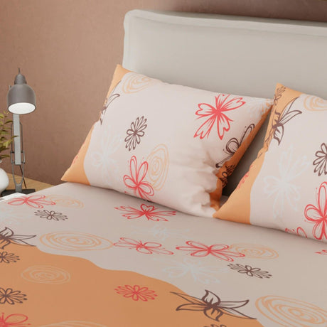 Combo Juego de Sabanas y Cortina Rosado y Naranja Claro para Cama Queen 160 X 190 Cm de Flores - SABANAS | Bylmo