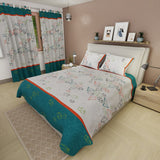 Combo Juego de Sabanas y Cortina Primavera Geo Blanco y Verde Azul para Cama Doble 140 X 190 Cm de Figuras Geometricas - SABANAS | Bylmo