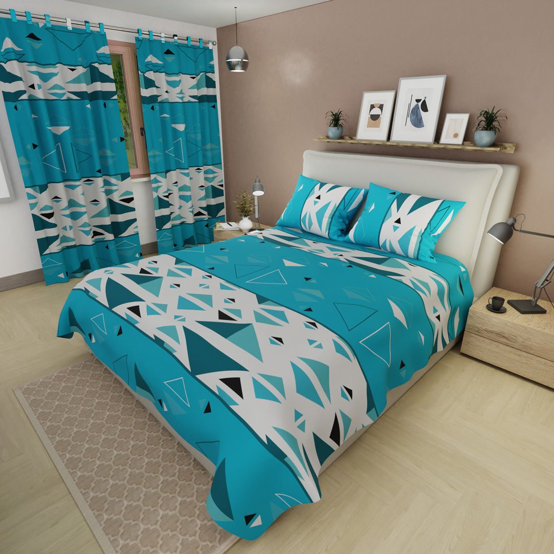 Combo Juego de Sabanas y Cortina Pulse Moderno Azul y Blanco para Cama Doble 140 X 190 Cm de Triangulos - SABANAS | Bylmo