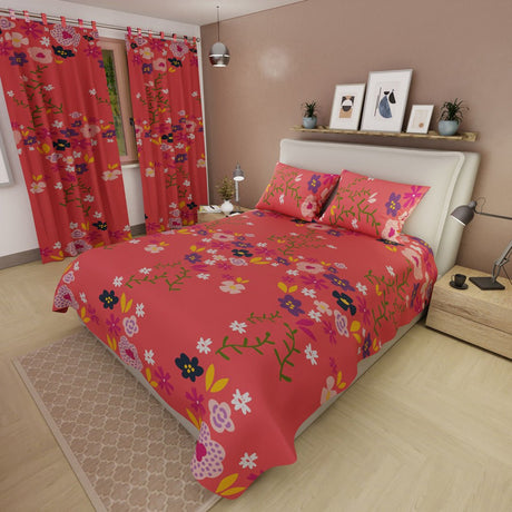 Combo Juego de Sabanas y Cortina Ramillete de Colores Salmón para Cama Queen 160 X 190 Cm de Hojas Y Flores - SABANAS | Bylmo