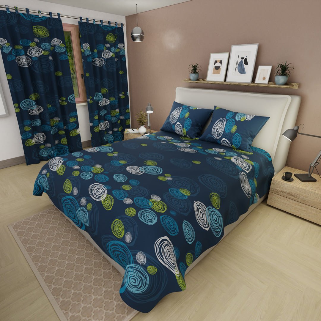 Combo Juego de Sabanas y Cortina Ritmo Circular Azul para Cama Queen 160 X 190 Cm de Circulos - SABANAS | Bylmo
