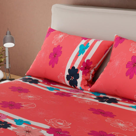 Combo Juego de Sabanas y Cortina Salmón para Cama Queen 160 X 190 Cm de Flores - SABANAS | Bylmo