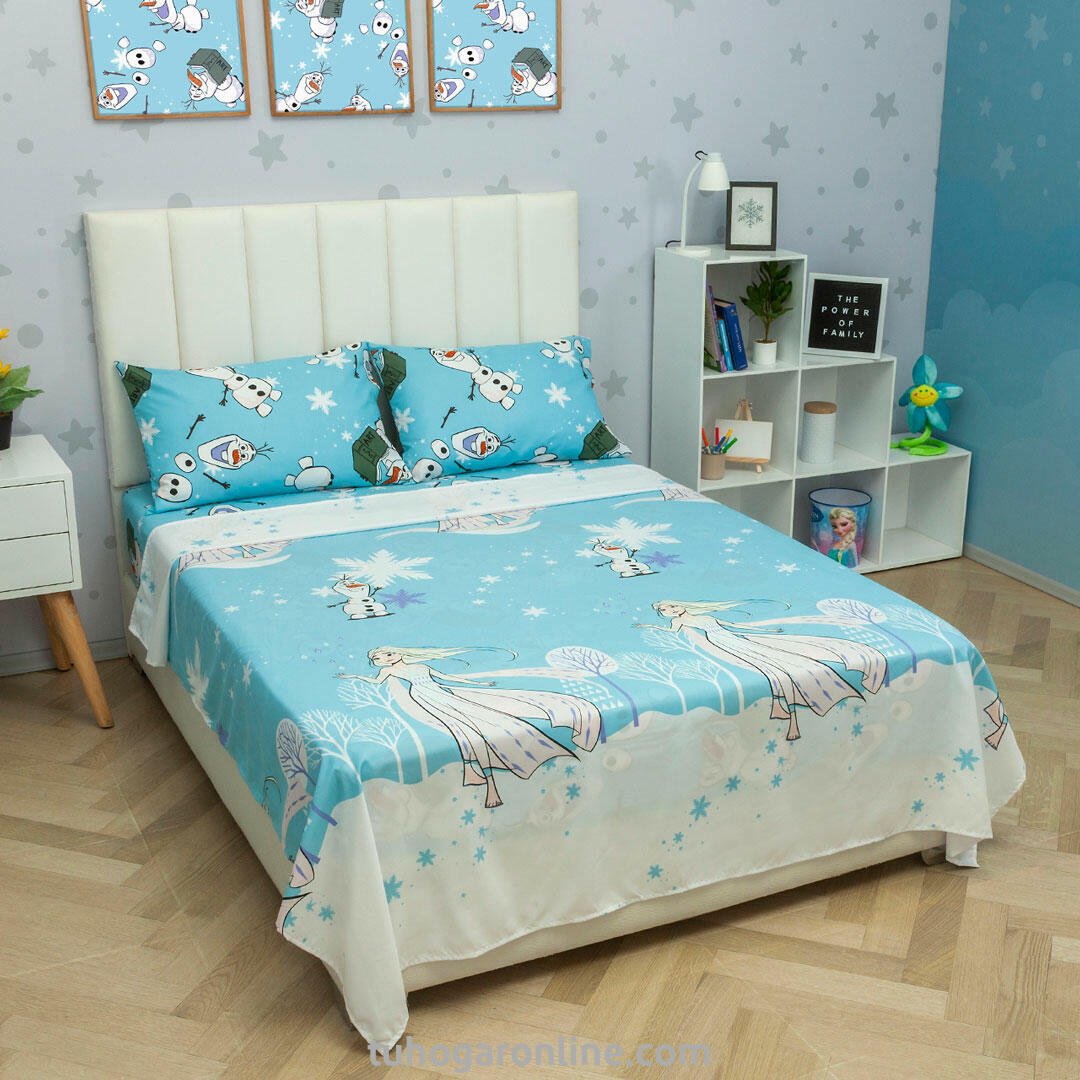 Juego de Sábanas Infantil Disney Plus Azul Celeste y Blanco para Cama Sencilla 100 X 190 Cm 180 Hilos de Frozen - SABANAS | Bylmo