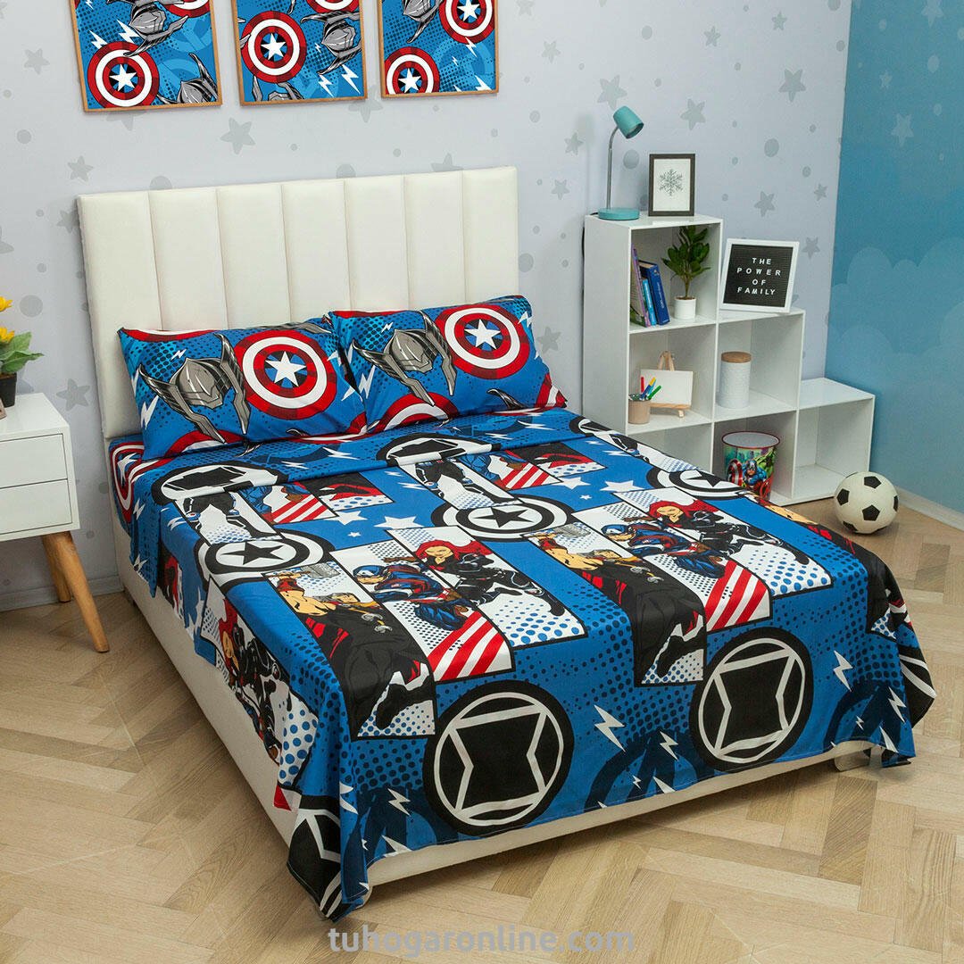 Juego de Sábanas Infantil Marvel Plus Azul para Cama Doble 140 X 190 Cm 180 Hilos de Avengers - SABANAS | Bylmo