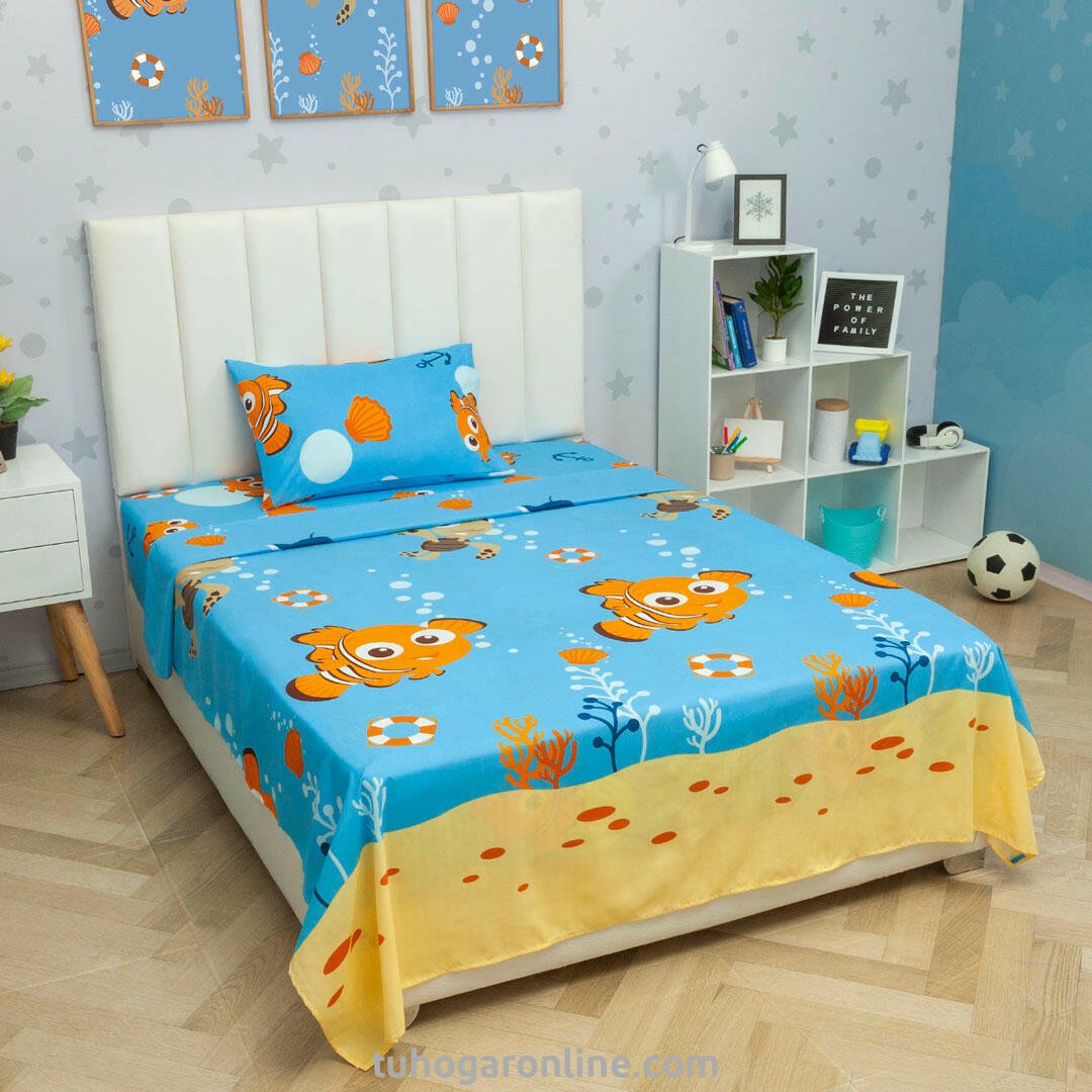 Juego de Sábanas Infantil Disney Azul y Arena para Cama Doble 140 X 190 Cm de Nemo - SABANAS | Bylmo