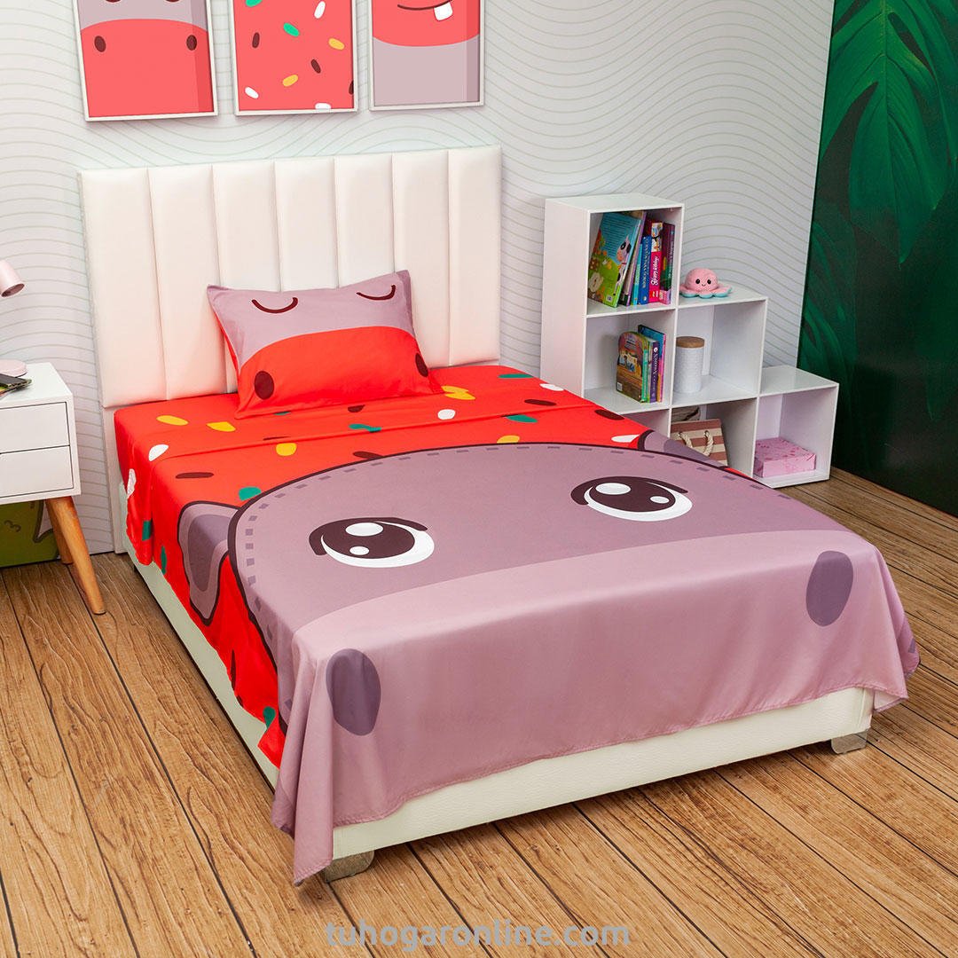 Sábana Infantil Zoo Naranja y Morado para Cama Semidoble 120 X 190 Cm de Hipopotamo - SABANAS | Bylmo