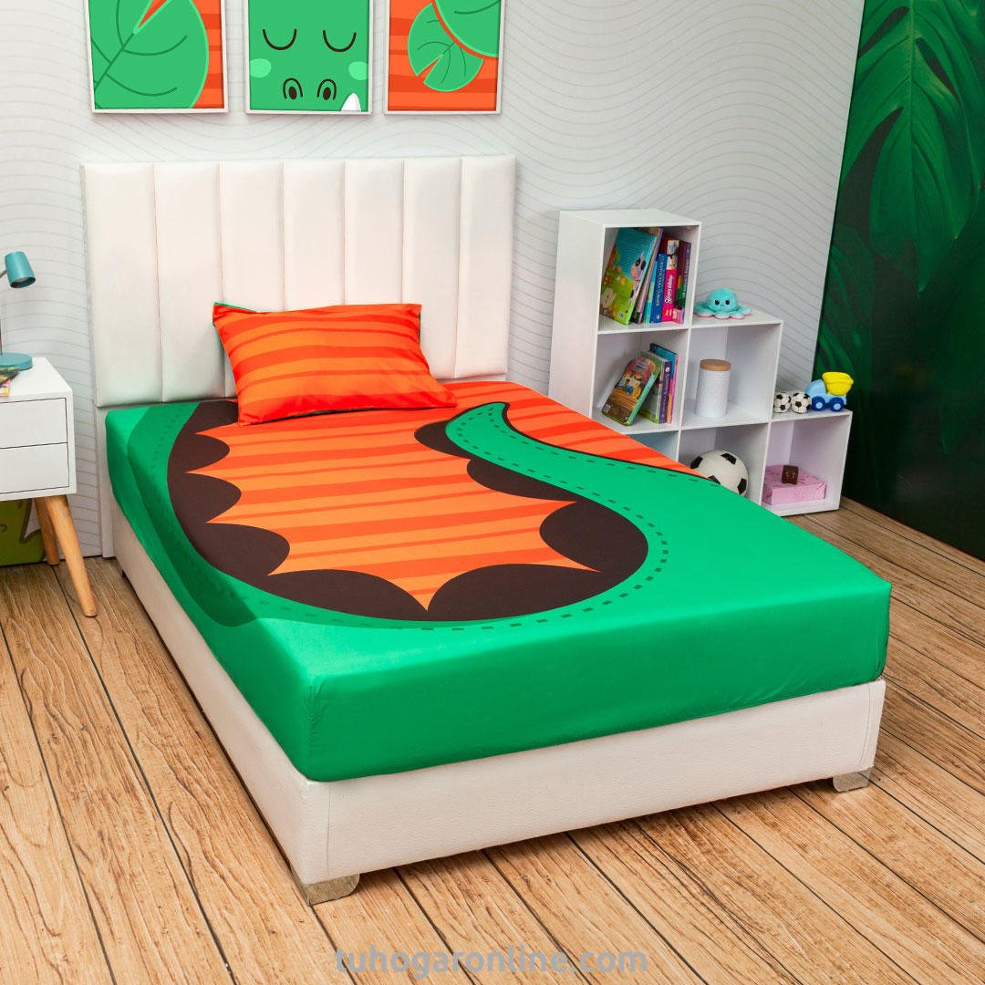 Sábana Infantil Zoo Naranja y Verde para Cama Doble 140 X 190 Cm de Cocodrilo - SABANAS | Bylmo
