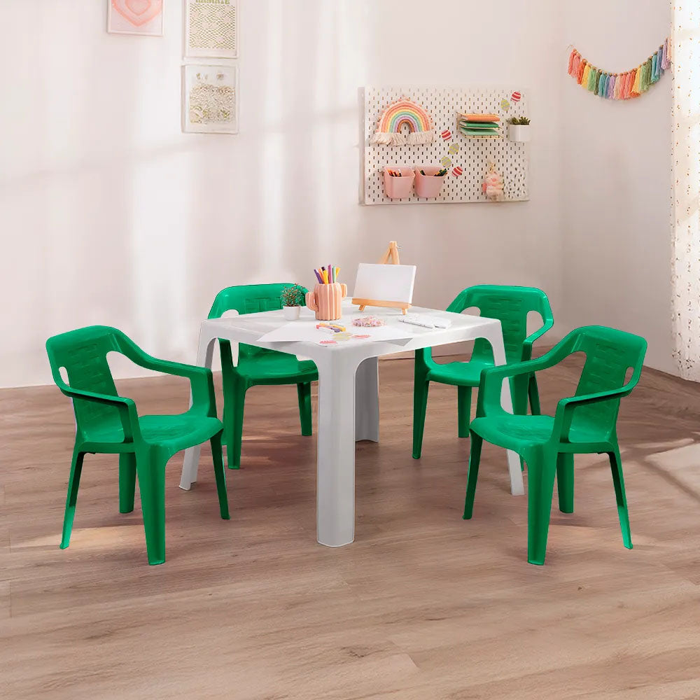 Combo Mesa Infantil Rimax Gris y Verde Marino 70.7x50.7cm Cuadrado con Cuatro Sillas - MESAS AUXILIARES | Bylmo