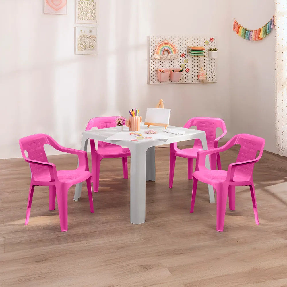 Combo Mesa Infantil Rimax Gris y Rosado Fuerte 70.7x50.7cm Cuadrado con Cuatro Sillas - MESAS AUXILIARES | Bylmo