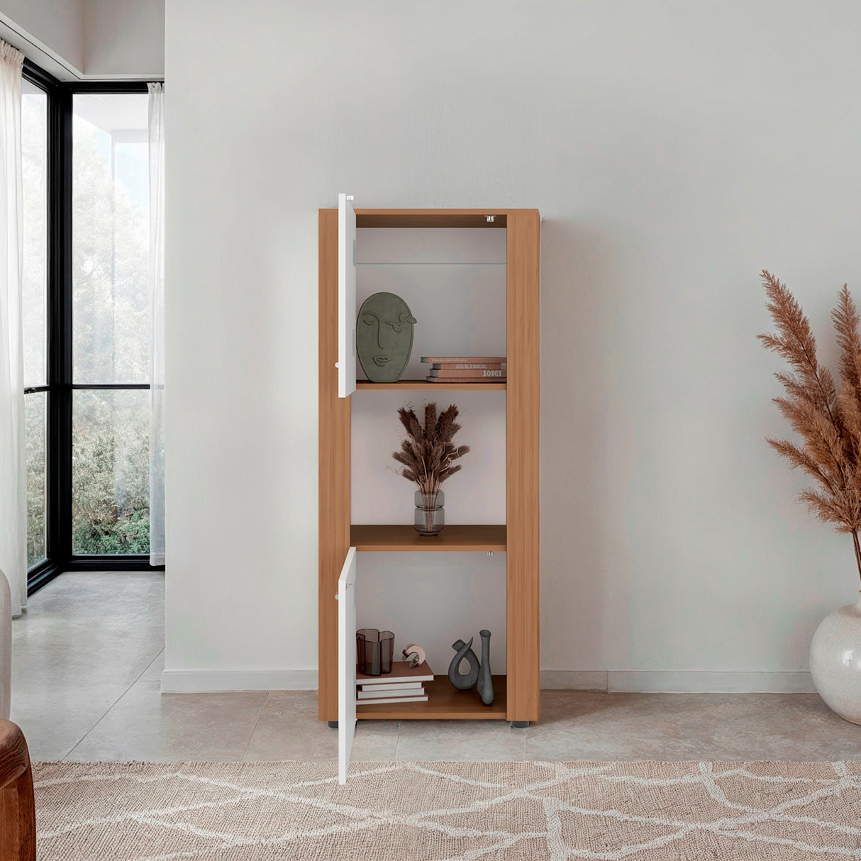 Estantería Tonalea Fresno 56x134.5cm Rectangular con Tres Compartimientos y Dos Entrepaños - BIBLIOTECAS Y ESTANTERIAS | Bylmo