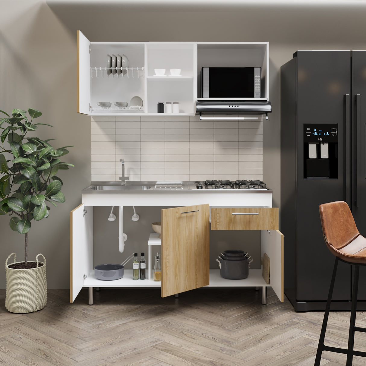 Cocina Sedona Blanco Marquez y Fresno Europeo 150x60cm sin Mesón y sin Estufa - COCINAS | Bylmo