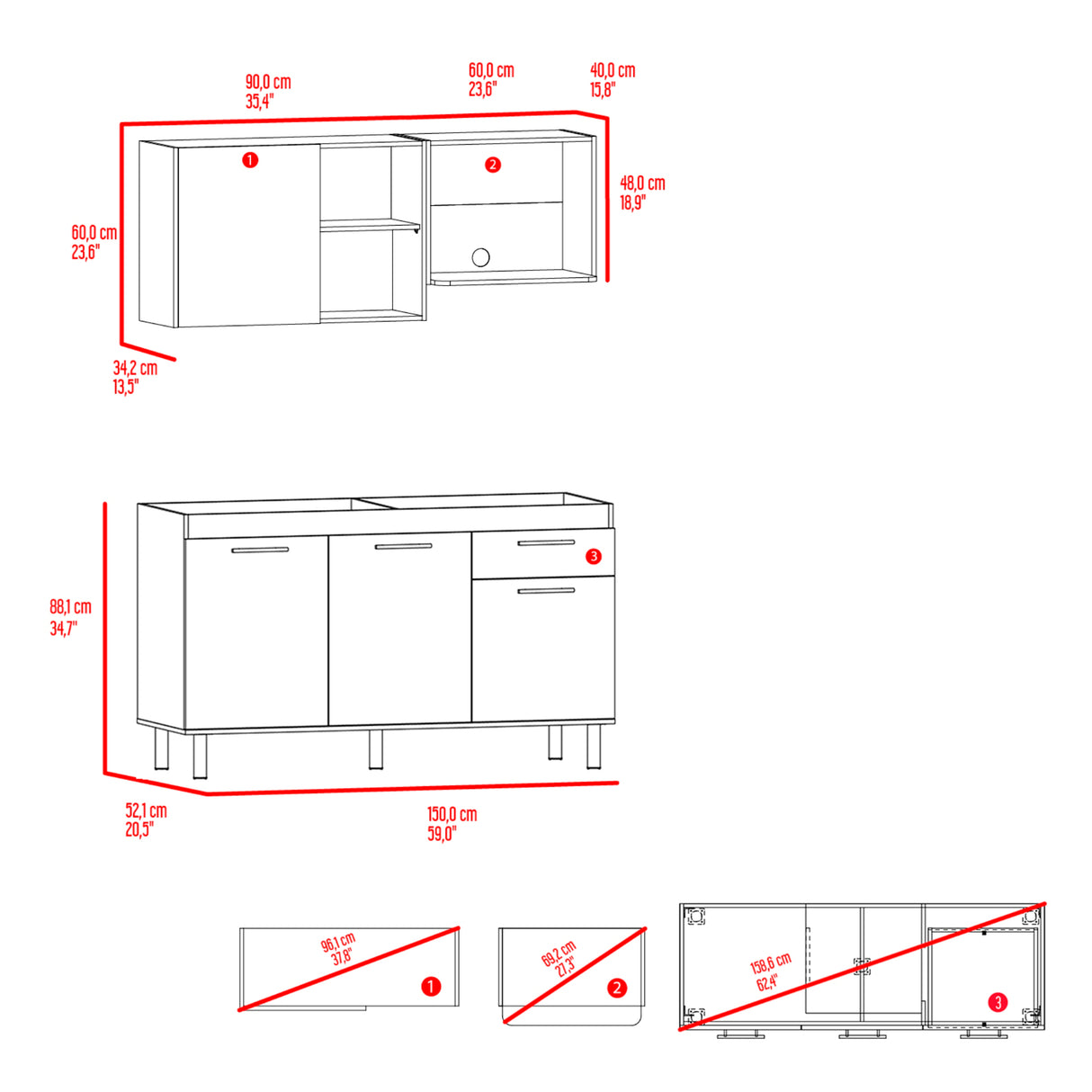 Cocina Sedona Blanco Marquez y Fresno Europeo 150x60cm sin Mesón y sin Estufa - COCINAS | Bylmo