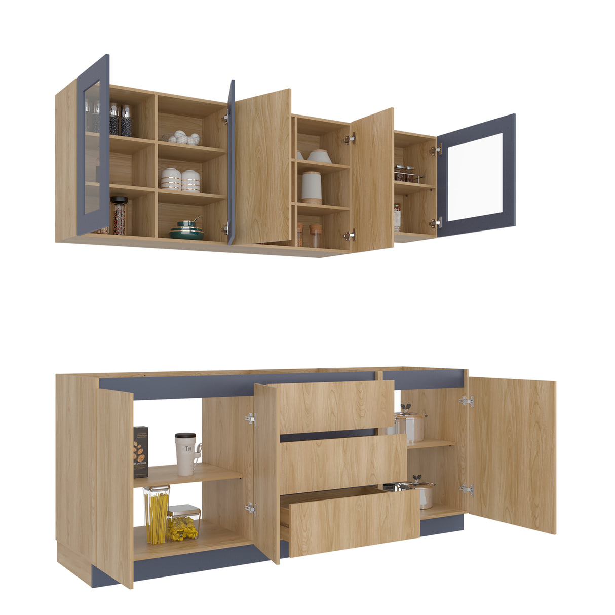 Cocina Solana Fresno Europeo y Azul Marino 210x70cm sin Mesón y sin Estufa - COCINAS | Bylmo