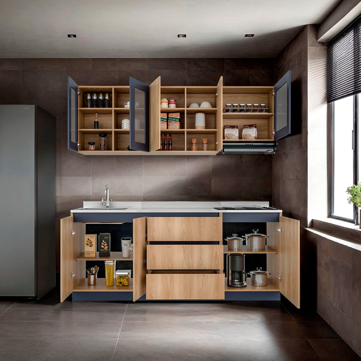 Cocina Solana Fresno Europeo y Azul Marino 210x70cm sin Mesón y sin Estufa - COCINAS | Bylmo