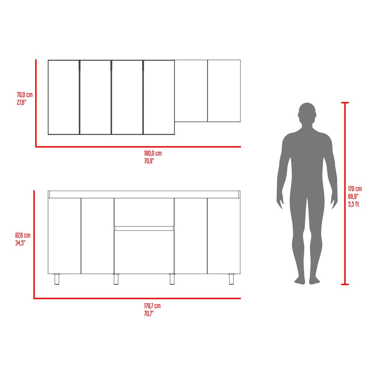 Cocina Lioni Plomo y Fresno Europeo 180x70cm sin Mesón y sin Estufa - COCINAS | Bylmo