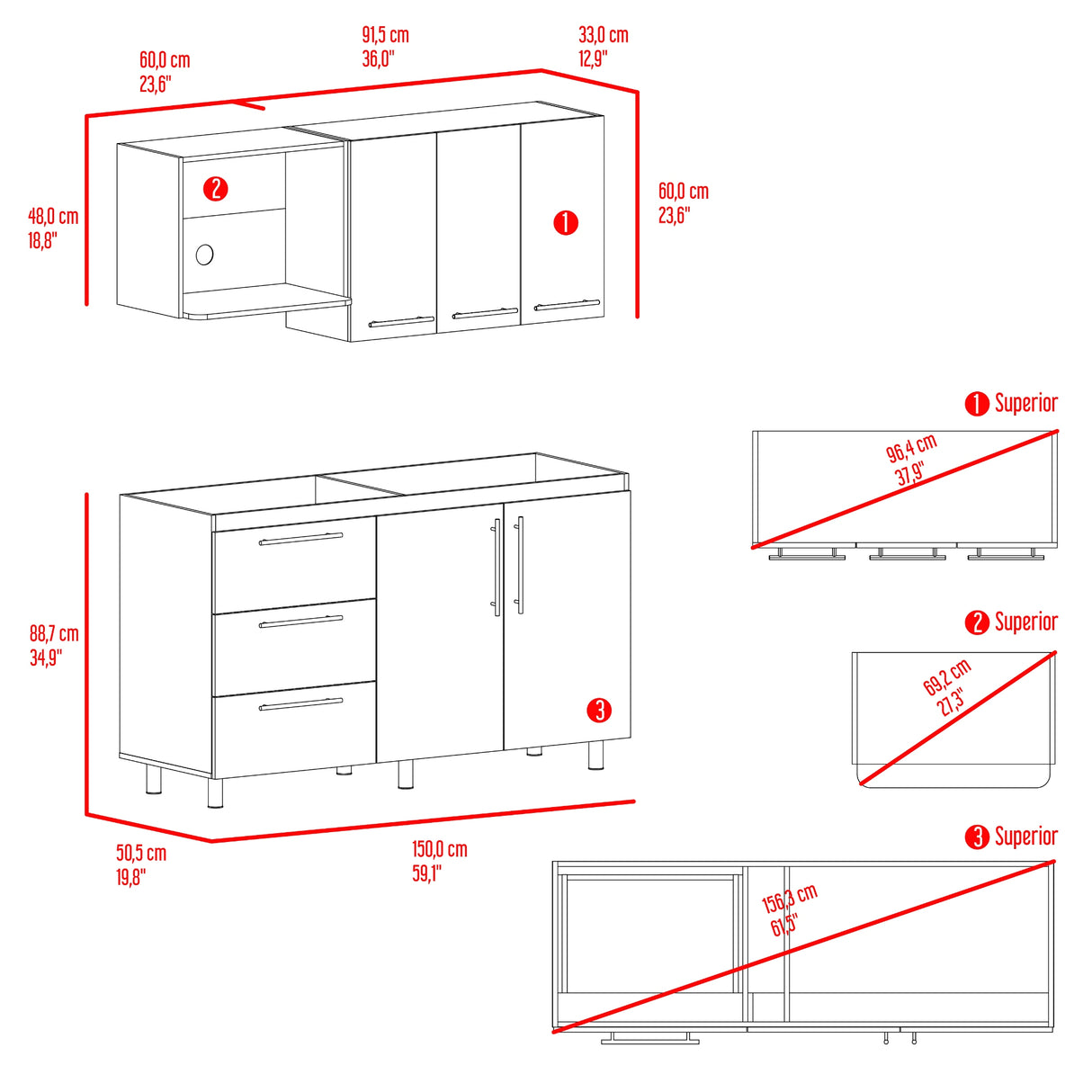 Cocina Rubí Blanco Marquez y Bellota 150x60cm sin Mesón y sin Estufa - COCINAS | Bylmo
