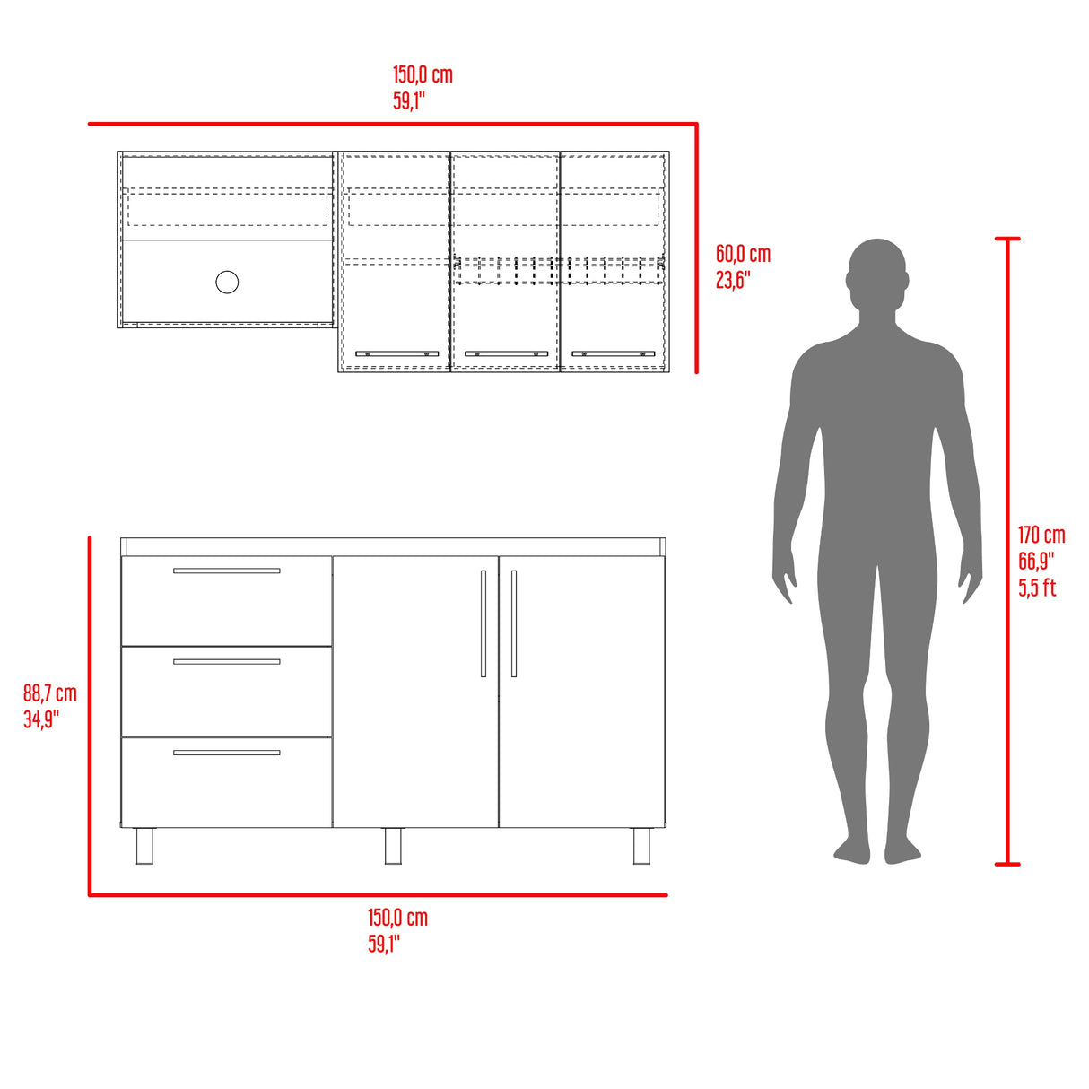 Cocina Rubí Blanco Marquez y Bellota 150x60cm sin Mesón y sin Estufa - COCINAS | Bylmo