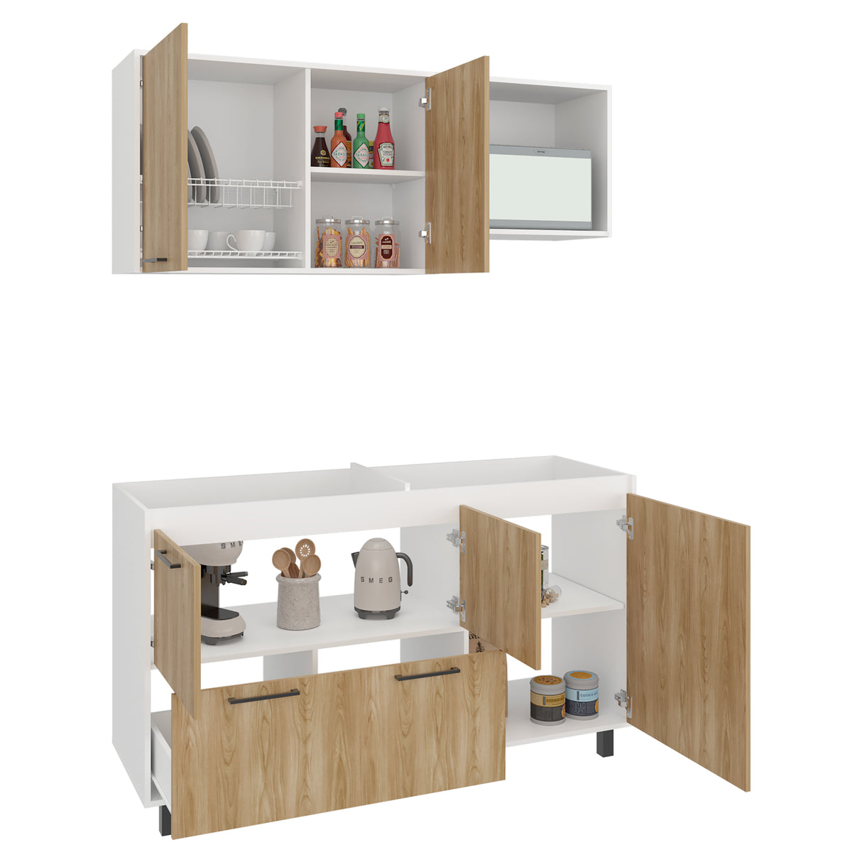 Cocina Pacific Blanco Marquez y Fresno Europeo 150x60cm sin Mesón y sin Estufa - COCINAS | Bylmo