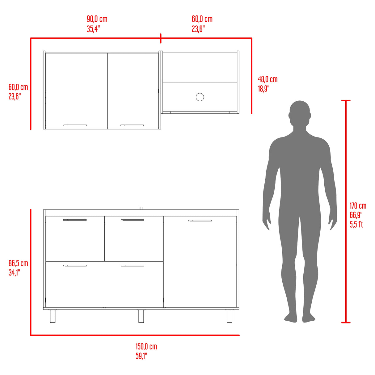 Cocina Pacific Blanco Marquez y Fresno Europeo 150x60cm sin Mesón y sin Estufa - COCINAS | Bylmo