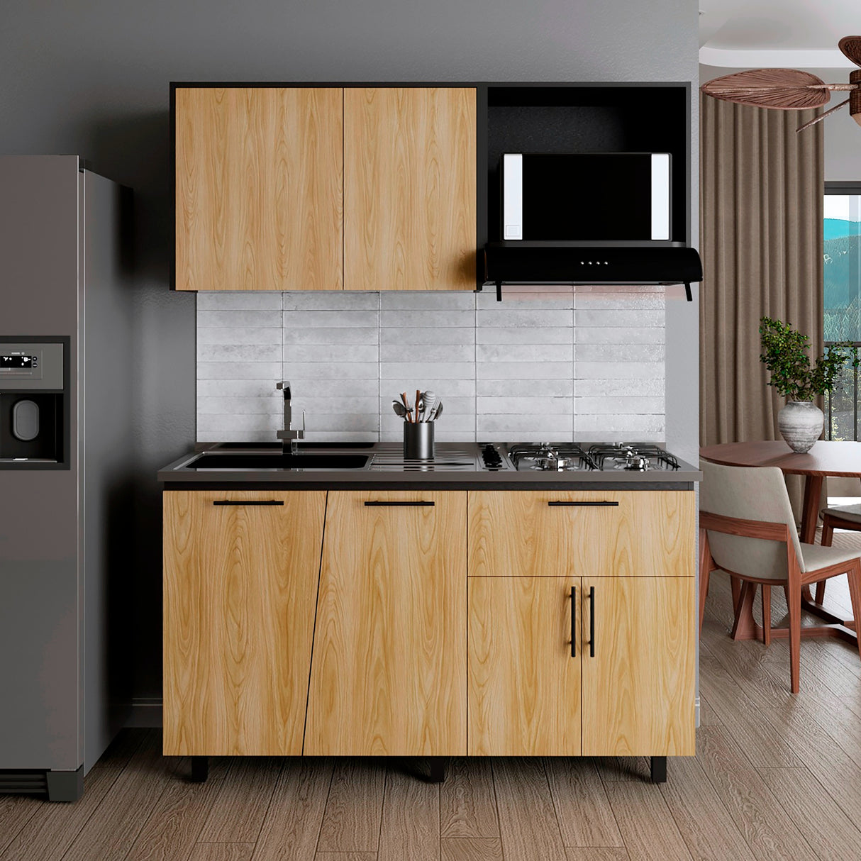 Cocina Emilia Fresno Europeo y Wengue 150x60.1cm sin Mesón y sin Estufa - COCINAS | Bylmo