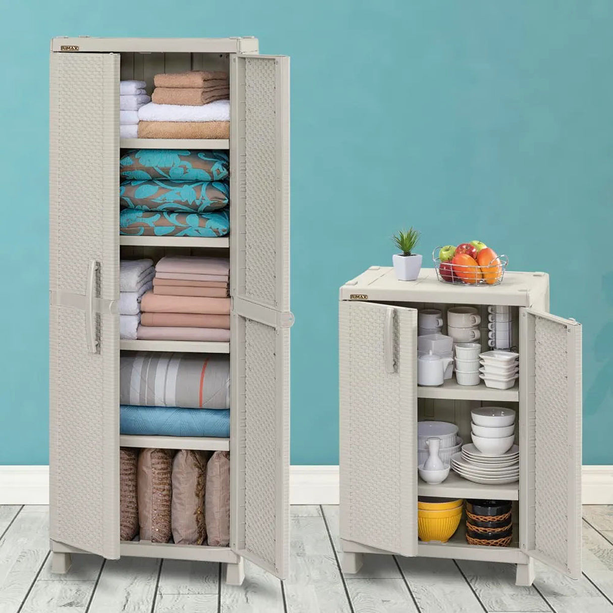 Combo Armario Rimax Rattan Taupe 65x189cm Con Seis Compartimientos y con Patas - BARRAS Y MUEBLES AUXILIARES | Bylmo