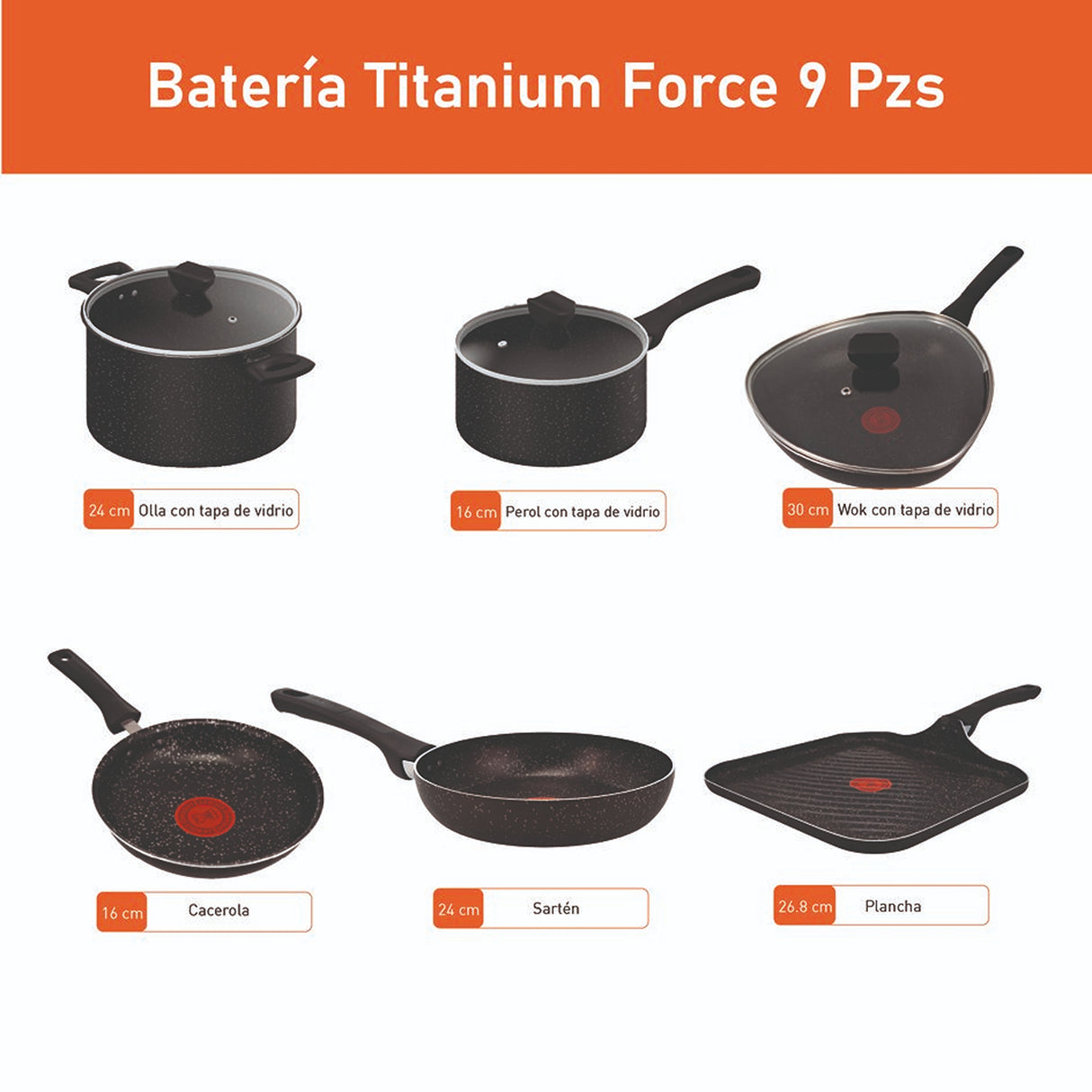 Batería de Cocina Imusa Titanium Force Negro 27.6x30.8cm Antiadherente con Tapa - OLLAS Y SARTENES | Bylmo