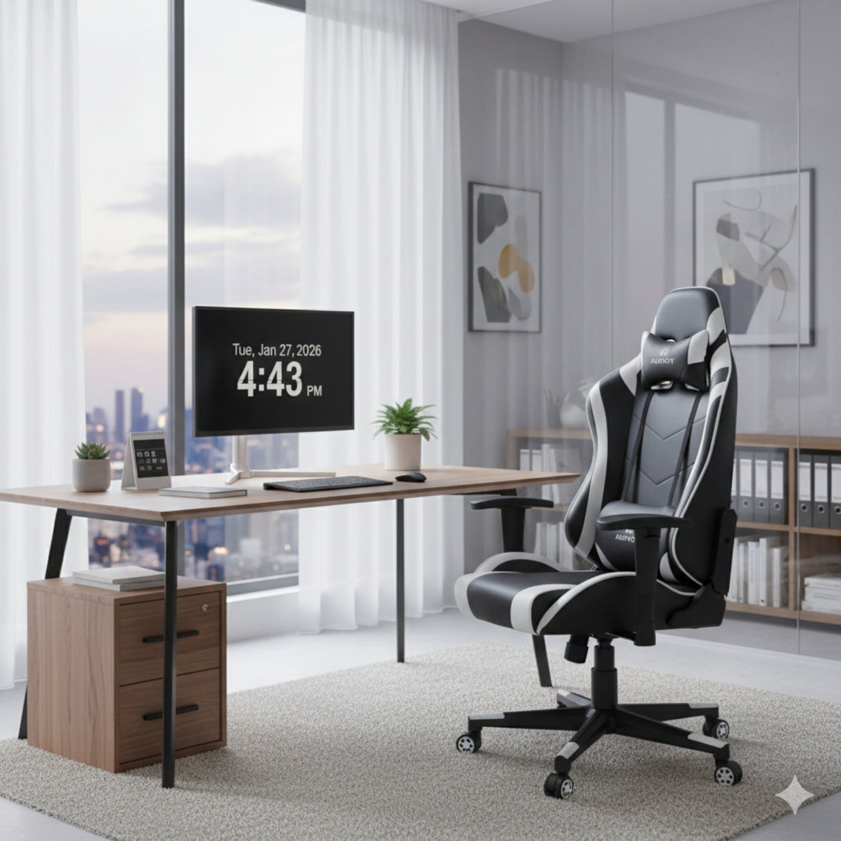 Silla Gamer Valorant Negro y Blanco 52x133cm Reclinable con Soporte Lumbar y Apoya Cabezas